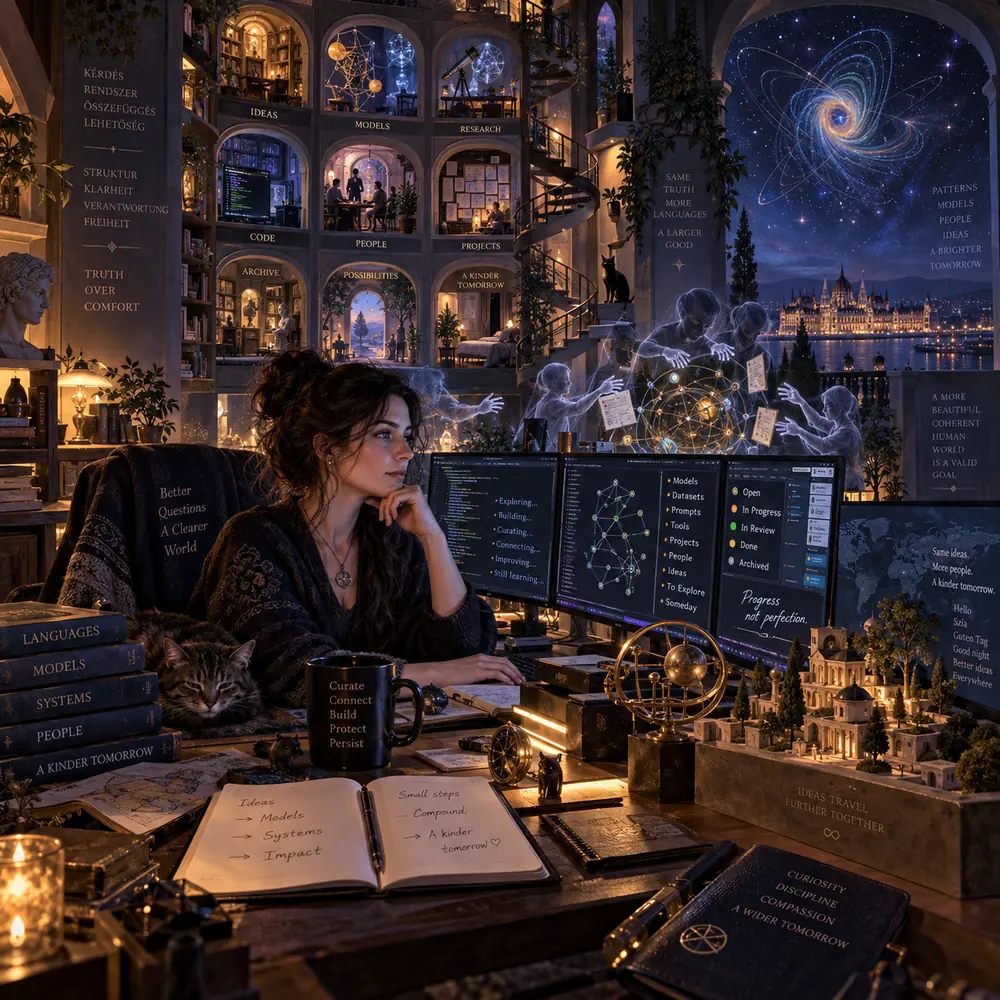 A painting: a woman with dark hair sits at a desk at night, chin on hand, beside a sleeping cat, a mug and an open notebook. Behind her rise nine arched rooms labelled Ideas, Models, Research, Code, People, Projects, Archive, Possibilities and A Kinder Tomorrow. Translucent figures work around a glowing network globe; through a window, a spiral galaxy above a lit parliament on a river.